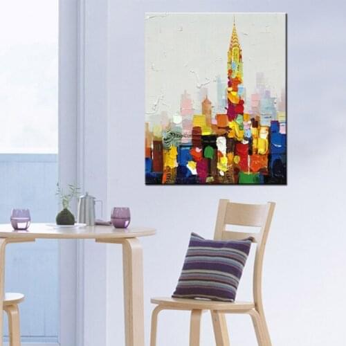 Modern Abstract Landscape Oil Paintings on Canvas Multi Color Building Hand Painted Wall Pictures for Living Room Decoration