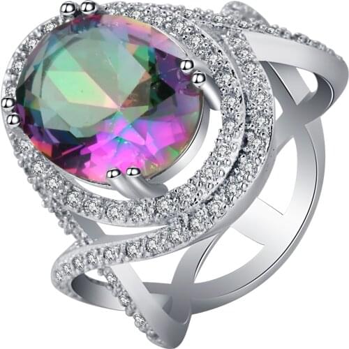 UFOORO Fashion jewelry for women wedding finger ring claw set colorful Rhinestone inlay trendy wave round best promise gift