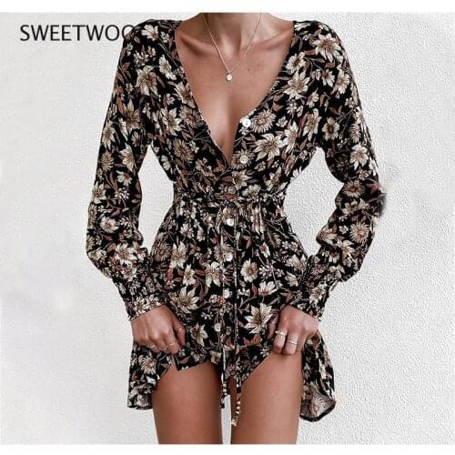 Women Floral Print Boho Party Dress Sexy V Neck Long Sleeve Spring Winter Clothes With Waist Tie Elegant Day Dress 2021