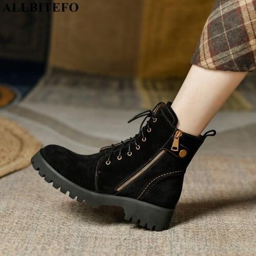 ALLBITEFO Cross Tied Thick Bottom Fashion Suede Genuine Leather Winter Women Boots High Heel Shoes Female High Heel Ankle Boots