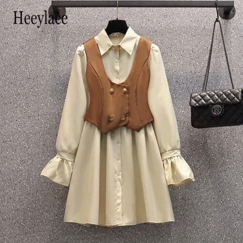 Plus Size Women Elegant Vintage Two Pieces Set Korean Long Sleeve Polo Collar High Waist A-line Dresses And Vest Suits 4XL Sets