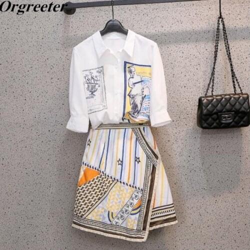 Plus Size Elegant Ladies Retro Printted Shirt Skirt Two piece set Tassel Stitching Asymmetric Skirt With Womens Shirt Outfits