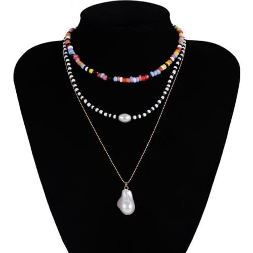Bohemian Pearl Pendant Rainbow Beaded Necklaces Chokers Charm Long Statement Collar Women Summer Jewelry