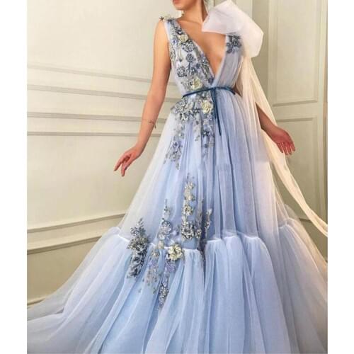Icy Blue Evening Gown Formal Dress Long A Line V Neck Robe de soiree Appliqued Beads Elegant Prom Party Dresses Abendkleider