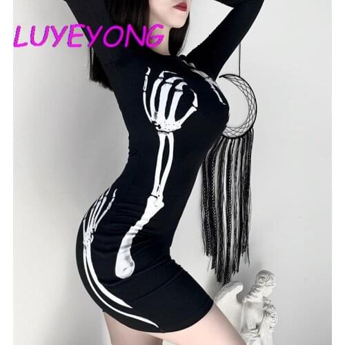 Black Punk Woman Mini Tight Dress 2020 Lady Goth Skull Skeleton Print Empire Cool Chic Full Sleeve Gothic Basic Skinny Dresses