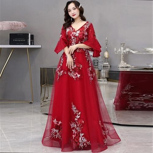 Woman Formal Evening Dress A-Line Embroidery Lace Up Regular Ankle-Length Three-Quarter Flower Sequined Regular Party Dress D039