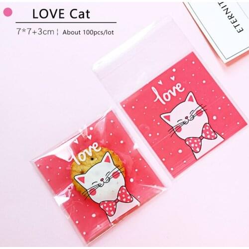 100pcs/lot Plastic Cookies Ziplock Bag Red Bottom Cute LOVE Cat Homemade Snack Food Packaging Bags Party Nougat Wrapper Bag 7*7