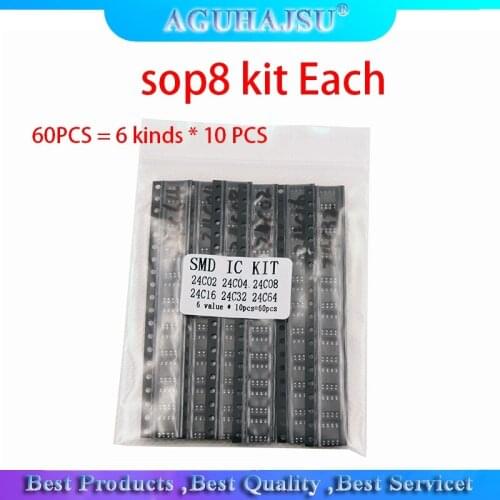 60PCS = 6 kinds * 10 PCS 24C02 24C04 24C08 24C16 24C32 24C64 sop kit Each 10PCS (12-21)