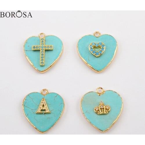 BOROSA 10PCS Design Gild Blue Howlite Heart Pendants With Multi-shape Rainbow Zircon Charm Turquoises Pendant for Necklace G1801
