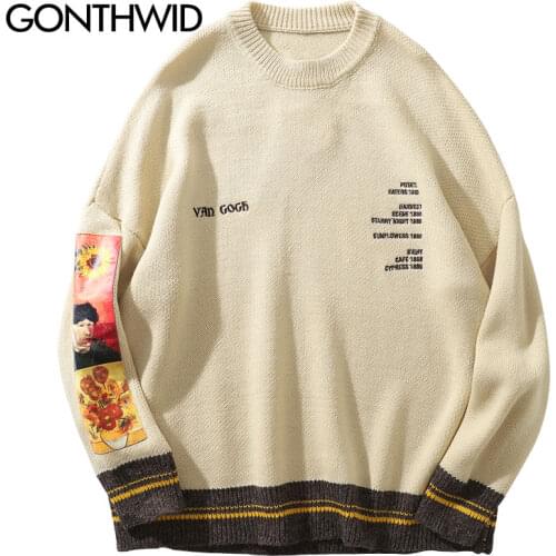 GONTHWID Van Gogh Sleeve Patchwork Pullover Knit Sweater 2019 Mens Hip Hop Embroidery Crewneck Knitwear Sweaters Streetwear Tops