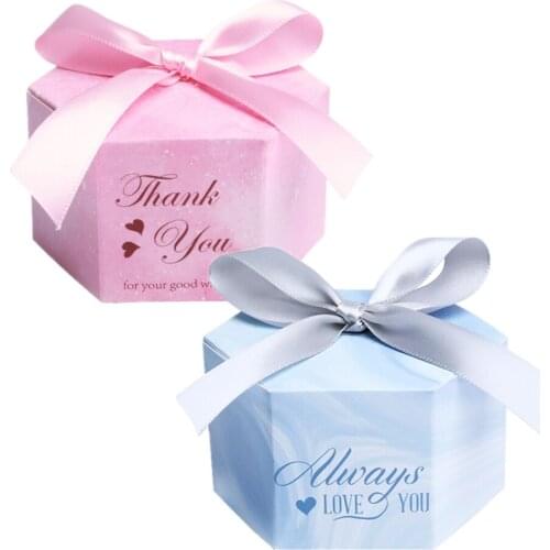 Pink Blue Hexagon Wedding Candy Box for Birthday Party Love Thank You Paper Gift Box Baby Shower Favors Boxes and Bags 50pcs