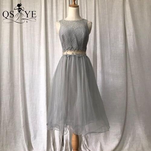 Grey Short Prom Dresses Gray Lace Evening Gown Halter Neck Sleeveless Prom Gown Fake Two Pieces A Line Girl Lace Dress Vestido