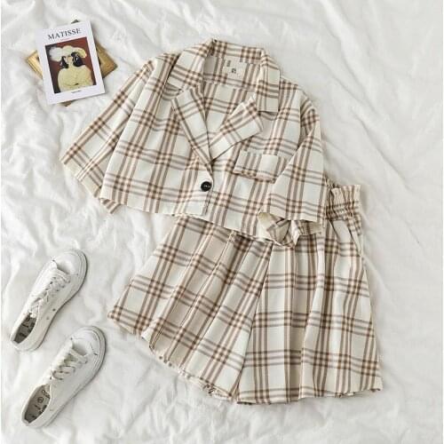 Suit Female Retro Chic Girl Summer Plaid Polo Collar Top + Wide Leg Shorts Patns Two-piece Suit