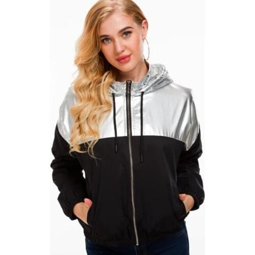 2020 Autumn Winter New Womens Coat Black Silver Stitching Hooded Short Jacket Long Sleeve Fashion Casual Loose Jacket S-XXL