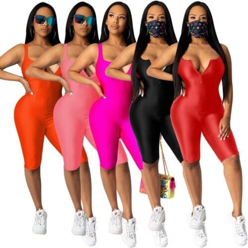 Summer Sexy Women Lowcut Zipper Solid Color Sleeveless Skinny Jumpsuit Romper