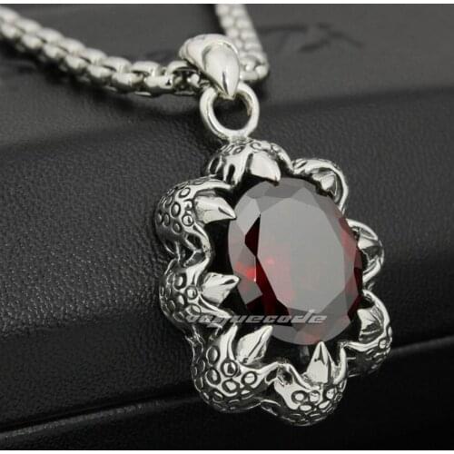 LINSION Huge Red CZ Dragon Claw 925 Sterling Silver Mens Biker Rock Punk Pendant 8P012