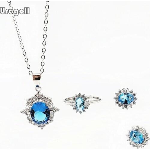 Fashion Pure 925 Sterling Silver Jewelry Set Luxury Zircon Necklace Earrings Ring Rhinestone Set Gift For Bride Wedding Party
