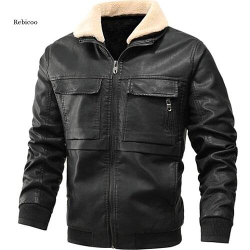 New Winter Leather Jacket Men Fur Collar Motorcycle Leather Jacket Multi-Pocket Thick Fleece Men Pu Leather Jackets Coats