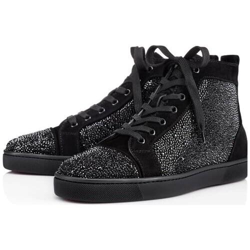 Moraima Snc Men Shoes Crystal Embellished Lace-up High Top Shoes Round Toe Black Suede Flat Shoes Fashion Dress Shoes