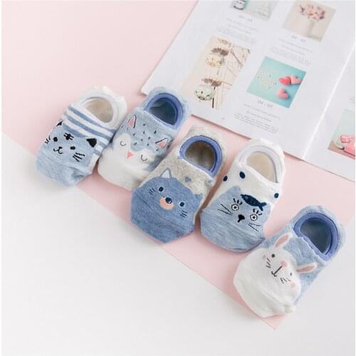 5Pairs Lot Cotton Women Socks Female Casual Boat 3D Pack Cartoon Harajuku Starfish Cat Cute Invisiable Funny Girl Ankle Sock Set