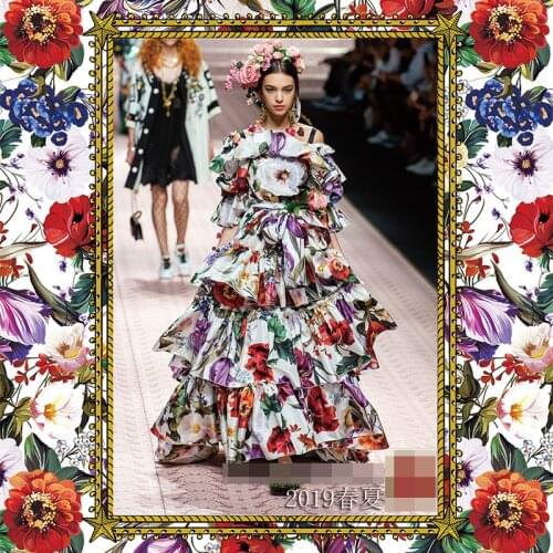 New European and American spring and summer show high-grade printed fabric polyester fashion skirt shirt womens clothing cloth