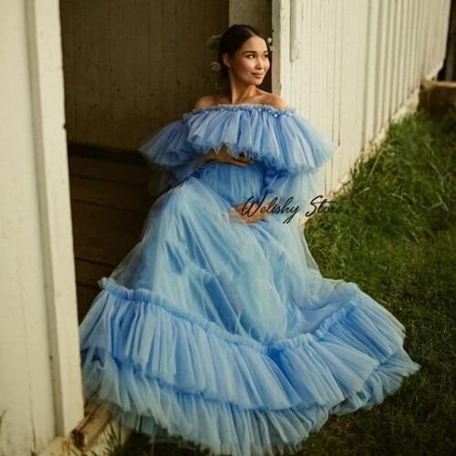 New Elegant Tiered Ruffled Maternity Women Tulle Dresses Off The Shoulder Photo Shoot Birthday Party Dress Long Robes Plus Size