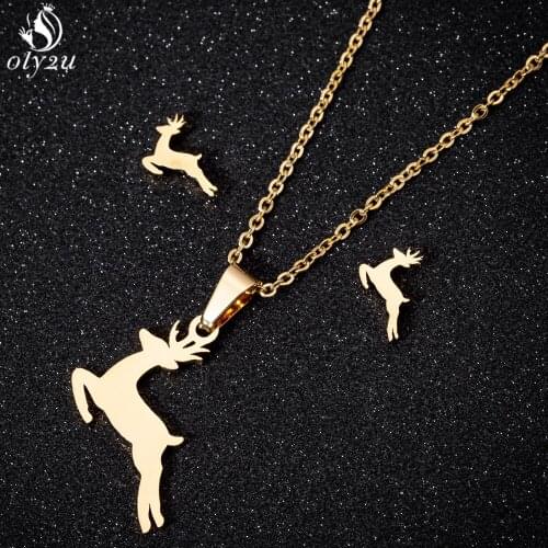 Vintage Elk Deer Antlers Pendant Necklace Women Stainless Steel Jewelry Set Origami Animal Earrings for Girls Christmas Gifts