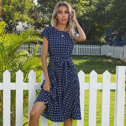 Summer Woman Dress Fashion Print Polka Dot Short Sleeve Casual Belt Pleated Midi Dresses For Women Elegant Ladies Office Clothes