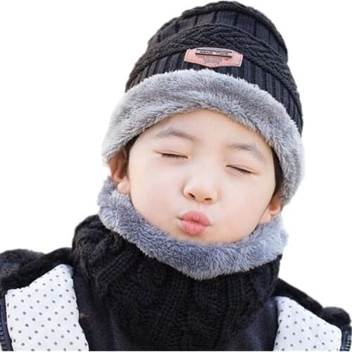 Simple Parent Child 2Pcs Super Warm Winter Balaclava Wool Beanies Knitted Hat And Scarf For 5-10 Years Old Girl Boy Girl