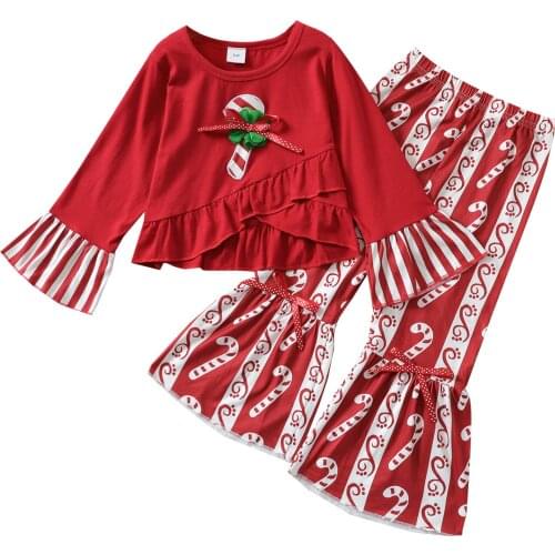 2Pcs Toddler Girls Christmas Outfits Long Sleeve Candy Cane Ruffle Tops + Flare Pants Set