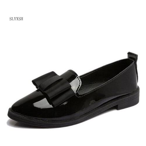 SLYXSH Autumn Flats Women Shoes Bowtie Loafers Patent Leather Elegant Low Heels Slip On Footwear Female Pointed Toe Thick Heel