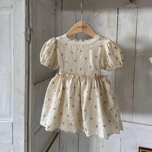Vintage Lace Collar Girls Beach Dress Summer Short Sleeve Kids Floral Dresses for Toddler Girls Clothing Children Boho Dress