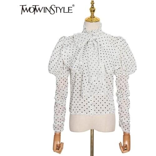 TWOTWINSTYLE Polka Dot Lace Up Bowknot Shirt For Women Stand Collar Puff Long Sleeve Elegant Blouse Female Fashion New Stylish