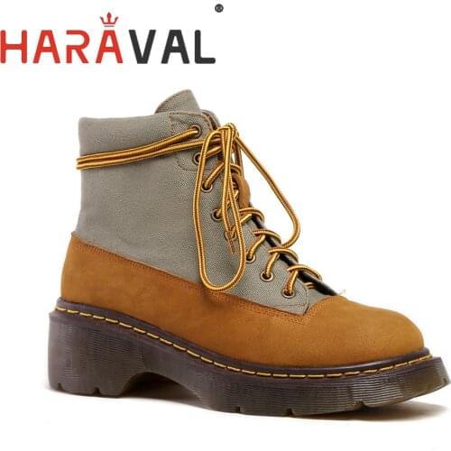 HARAVAL New Women Autumn And Winter Camel Martin Boots Leather Round Toe Thick Heel Flat Shoes Warm Lace-up Ankle Boots E70L