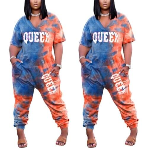 L-4XL Plus Size Jumpsuit women clothing summer 2021 Tie dye printing short sleeve V neck long romper Wholesale Dropshipping