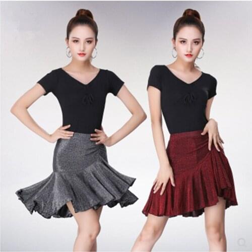 New Latin dance skirt female adult half-length skirt summer short-sleeved suit dance flash costume