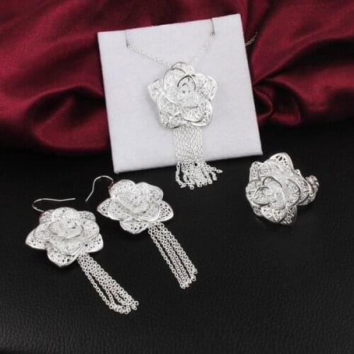 Hot Popular brands women 925 sterling Silver fine flower earrings necklace rings Jewelry sets Fashion Party wedding Holiday gift