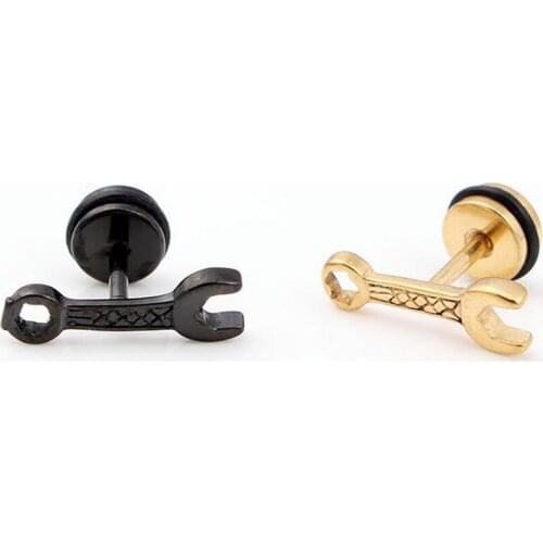 2Piece2016 New Punk wrench Stainless Steel Stud Earring Spanner Fake ear taper Body Piercing Jewelry Black