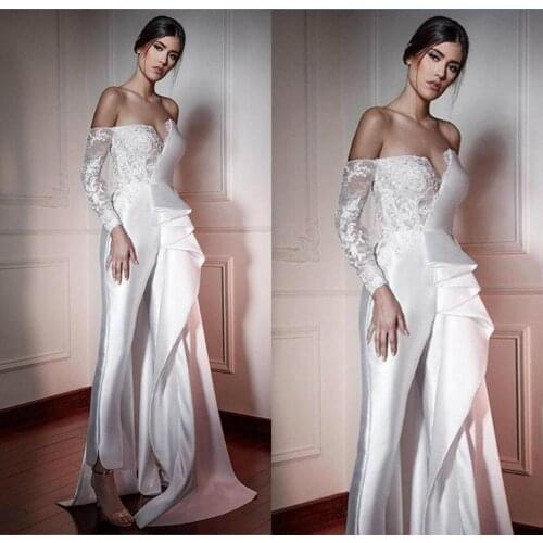 2020 Women Jumpsuit Prom Dress With Long Train Off The Shoulder Satin Appliqued Pants Suit Custom Made Evening Party Gowns