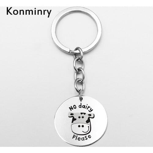 Cute Vegan Sign Cow Rabbit Stainless Steel Key Chains Leaves Vegetarian Gifts Jewelry Round Shape Pendant Keyring Konminry