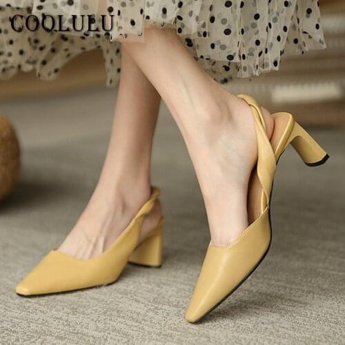 COOLULU Genuine Leather High Heels Square Toe Slingbacks Shoes Woman Thick Heel Pumps Office Ladies Dress Footwear Spring Beige