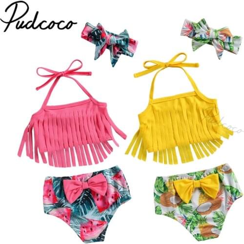 Kid Newborn Baby Girl Bikini Three-piece Swimsuit with Tassel Decoration Bow Headband Tropical Fruit Print Seaside Clothing 0-3T