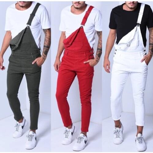 Men Denim Jumpsuit White/green/red Long Length Jean Pants Casual Fashion Skinny Solid Color Streetwear Home Wear Young Cool
