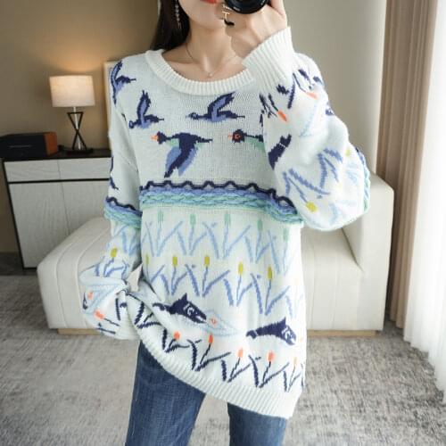 Elegant Snow mountain pattern Oversized wool Pullovers Women Winter O-Neck Loose Long Sweaters Streetwear Warm Outerwear 2021