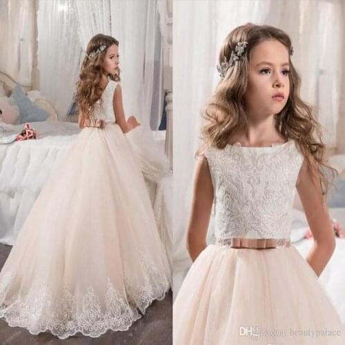 Custom Made Flower Girl Dresses for Wedding Blush Pink Princess Tutu Sequined Appliqued Lace Bow 2021 Vintage Child First Commun