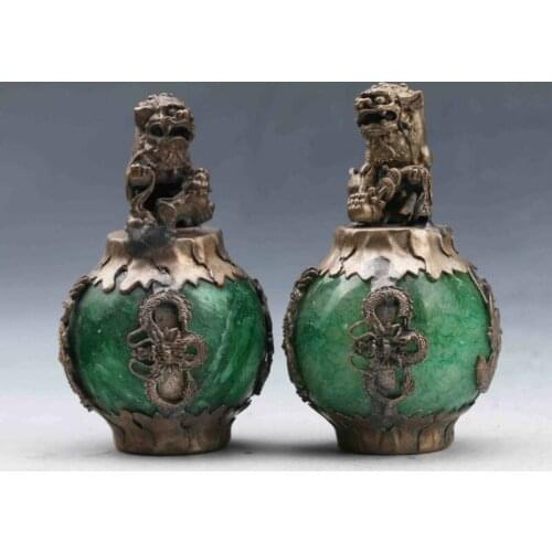 EXQUISITE CHINESE SILVER DRAGON INLAID GREEN JADE HAND CARVED PAIR LION STATUE