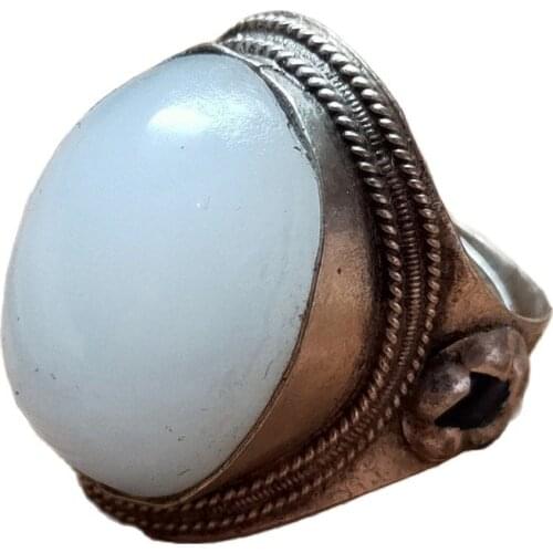 Chinese antique bronze antique jewelry silver inlaid with white jade and gem ring