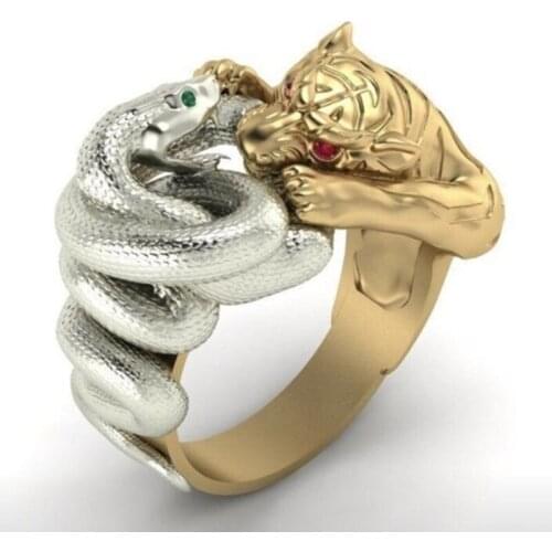 Punkboy Creative Rings for Men Snake Tiger Panther Battle Fighting Design Male Ring Punk Fashion Hip Hop Animal Party Jewelry