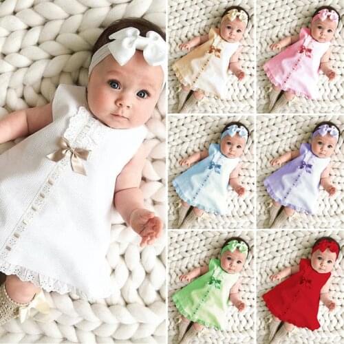 Newborn Infant Baby Girls Dresses Pure White Sleeveless New Born Bow Lace Dress with Headband sets for 0-24 Months