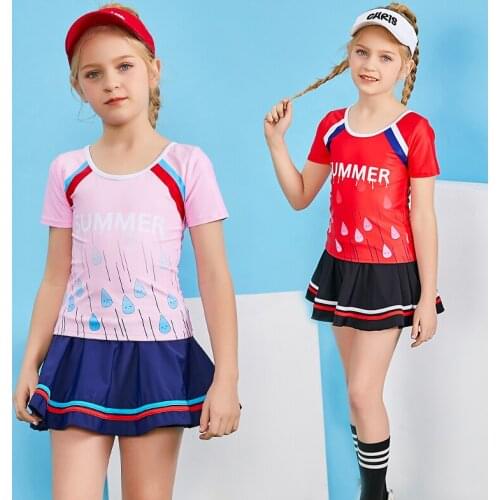 2021 Big Girls Swimsuit Set Two-Piece Kids Clothing Tankini Swimwear Swim Skirt Short Sleeve Sports Bathing Suit for Beach Multi